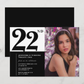 Chic Zwart Wit 22e verjaardag Uitnodigingen Foto (Voorkant / Achterkant)