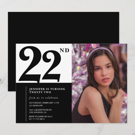 Chic Zwart Wit 22e verjaardag Uitnodigingen Foto (Voorkant / Achterkant)