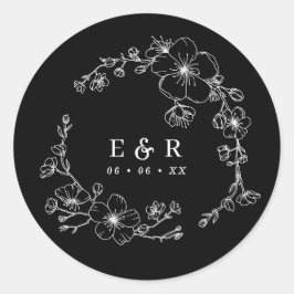 Chic Zwart & Wit Bloesem Monogram Huwelijk Ronde Sticker