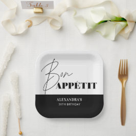 Chic Zwart-wit Bon Appétit Script Verjaardag Papieren Bordje