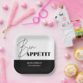 Chic Zwart Wit Bon Appétit Script Verjaardag Papieren Bordje (Feest)