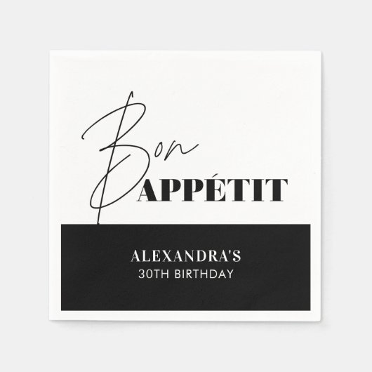 Chic Zwart Wit Bon Appétit Script Verjaardag Servet (Voorkant)