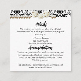 Chic Zwart & Wit Damask Pearl Wedding Informatiekaartje