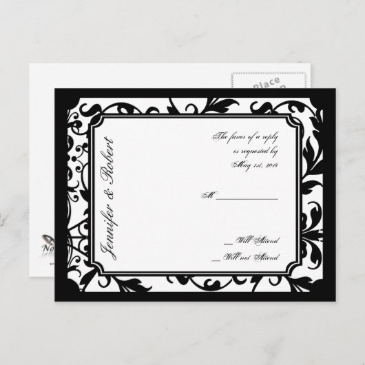 Chic Zwart-wit Damask RSVP Briefkaart (Voorkant / Achterkant)