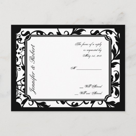 Chic Zwart-wit Damask RSVP Briefkaart (Voorkant)