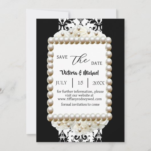 Chic Zwart & Wit Damast Pearl Save-The-Date Kaart (Voorkant)