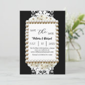 Chic Zwart & Wit Damast Pearl Save-The-Date Kaart (Staand voorkant)