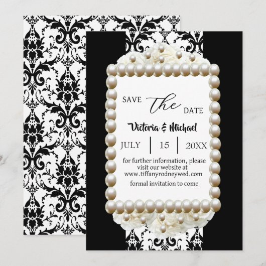 Chic Zwart & Wit Damast Pearl Save-The-Date Kaart (Voorkant / Achterkant)