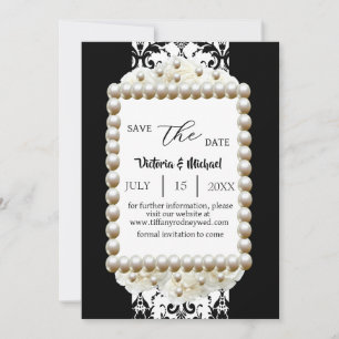 Chic Zwart & Wit Damast Pearl Save-The-Date Kaart