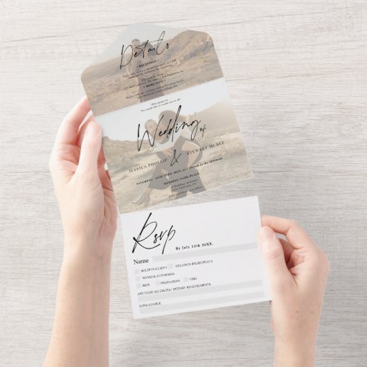 Chic zwart wit elegant script 2 foto's bruiloft all in one uitnodiging (Afscheurbaar)