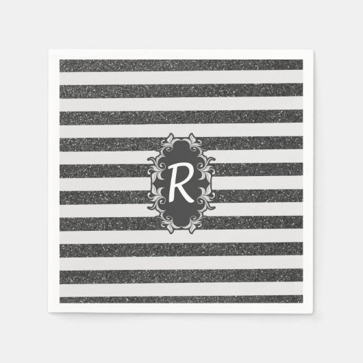 Chic zwart wit faux glitter strepen monogram servet (Voorkant)