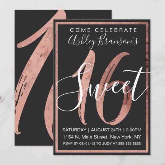 Chic Zwart-wit Faux Roos Gold Foil Sweet 16 Kaart (Voorkant / Achterkant)