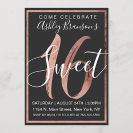 Chic Zwart-wit Faux Roos Gold Foil Sweet 16 Kaart