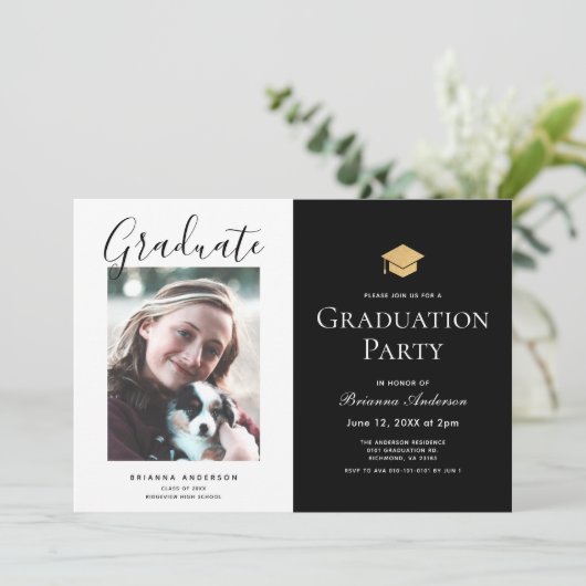 Chic Zwart & Wit Foto Afstudeerfeest Kaart (Staand voorkant)