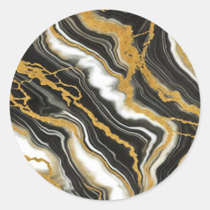  Chic Zwart Wit Goud Marmer Uitzicht Glam Bruiloft Ronde Sticker