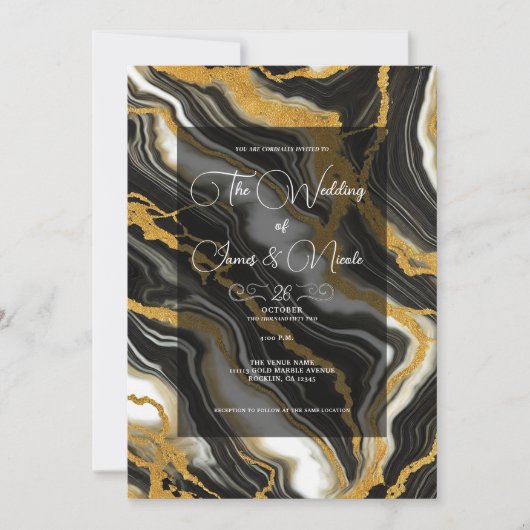 Chic Zwart Wit Goud Marmeren Look Glam Wedding Kaart (Voorkant)