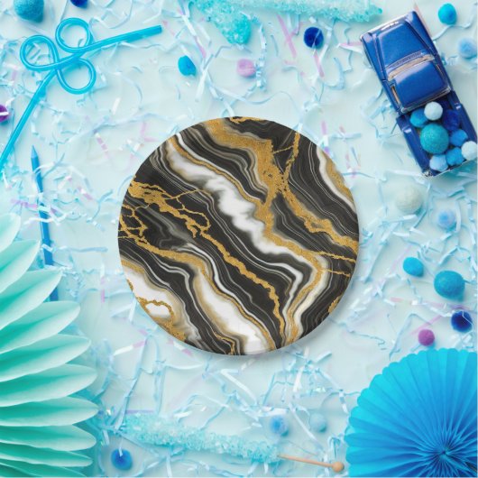 Chic Zwart Wit Goud Marmeren Look Glam Wedding Papieren Bordje (Feest)