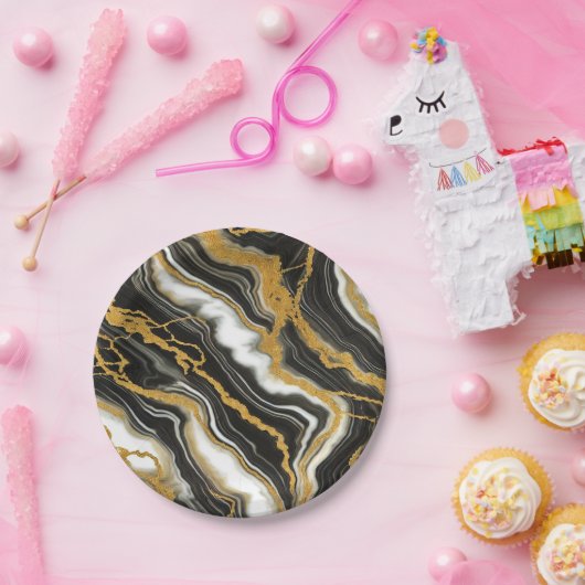 Chic Zwart Wit Goud Marmeren Look Glam Wedding Papieren Bordje (Feest)