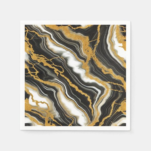 Chic Zwart Wit Goud Marmeren Look Glam Wedding Servet (Voorkant)