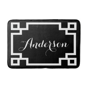Chic Zwart-wit Grieks Key Custom Monogram Badmat