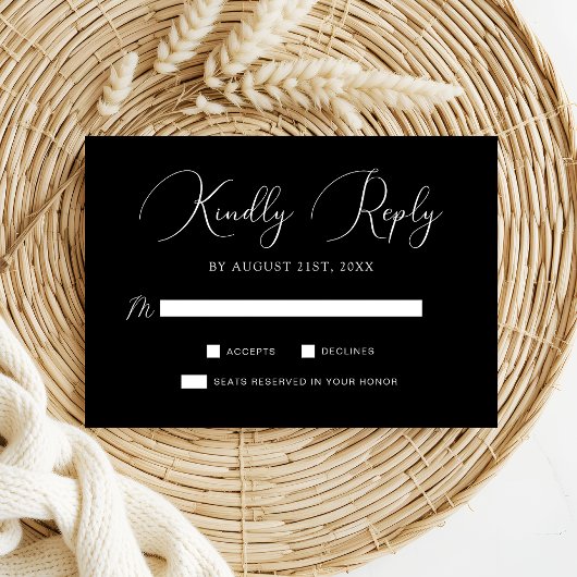 Chic zwart wit kalligrafie script bruiloft RSVP kaartje