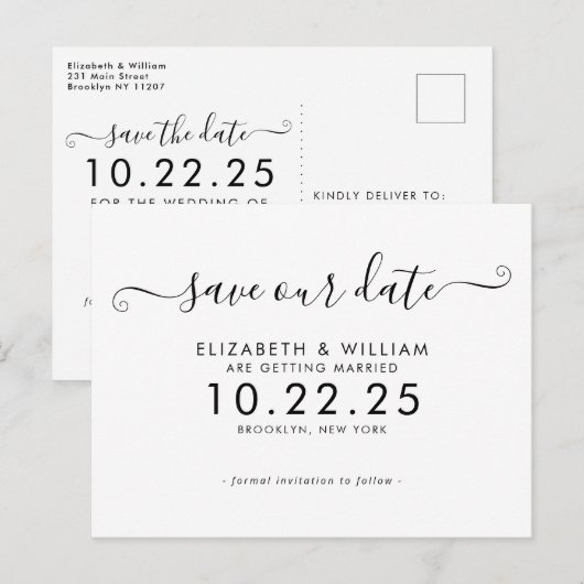 Chic Zwart Wit Kalligrafie Trouwen Save the Date Uitnodiging Briefkaart (Voorkant / Achterkant)