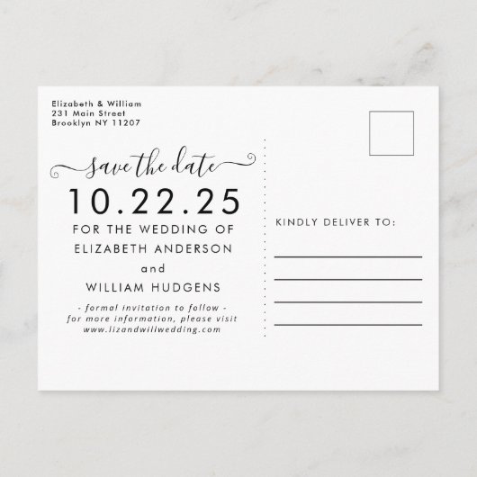 Chic Zwart Wit Kalligrafie Trouwen Save the Date Uitnodiging Briefkaart (Achterkant)