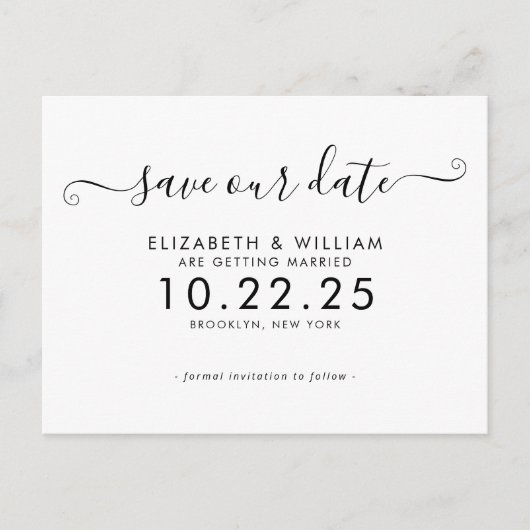 Chic Zwart Wit Kalligrafie Trouwen Save the Date Uitnodiging Briefkaart (Voorkant)