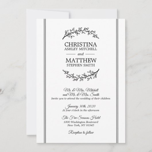 Chic  Zwart Wit Laurel Krans BRUILOFT Kaart (Voorkant)