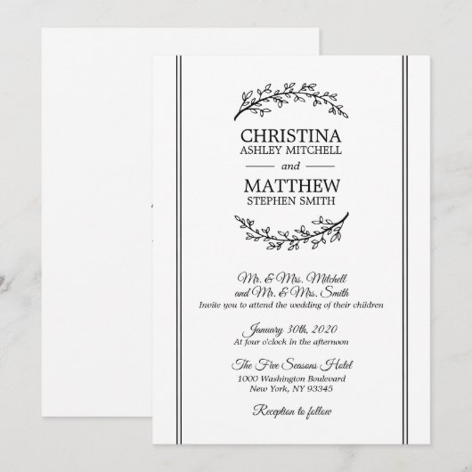 Chic  Zwart Wit Laurel Krans BRUILOFT Kaart (Voorkant / Achterkant)