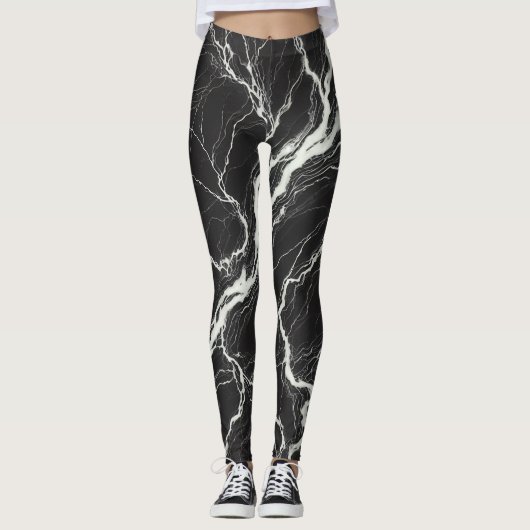 Chic Zwart & Wit Marmer Look Glamour Leggings (Voorkant)