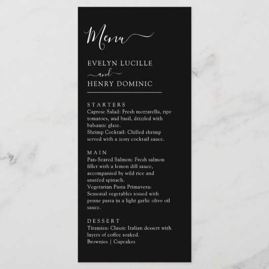 Chic zwart-wit minimalistisch huwelijksdiner menu (Voorkant)