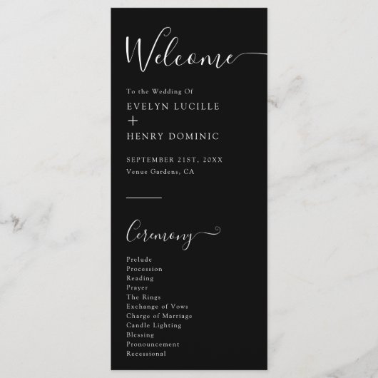 Chic zwart-wit minimalistische bruiloft ceremonie programmakaart (Voorkant)