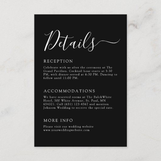 Chic zwart-wit minimalistische bruiloft details informatiekaartje (Voorkant)