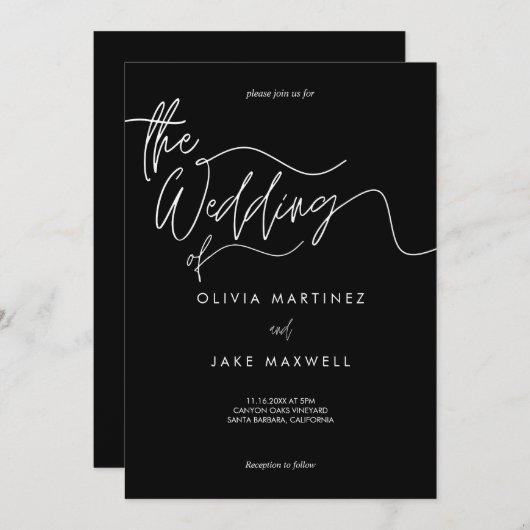 Chic Zwart & Wit Modern Script Trouwen Kaart (Voorkant / Achterkant)