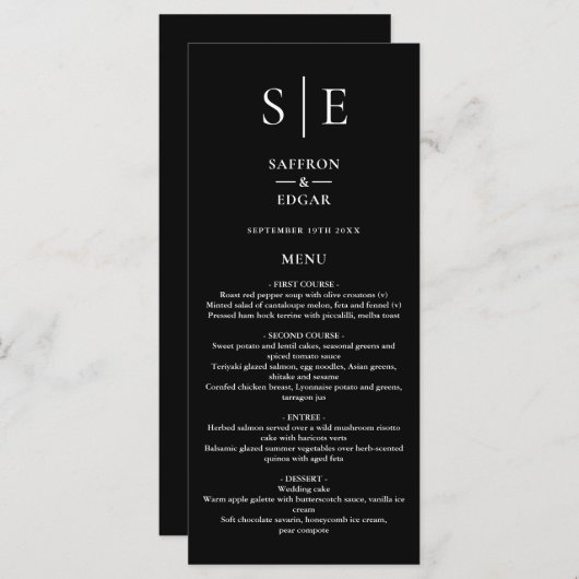 Chic zwart-wit monogram huwelijksdiner menu (Voorkant / Achterkant)