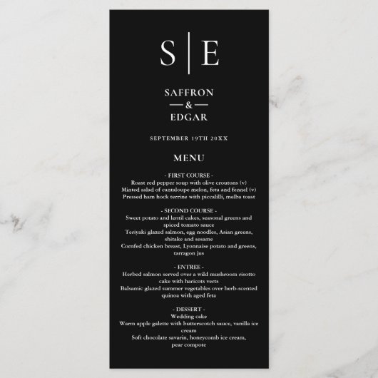 Chic zwart-wit monogram huwelijksdiner menu (Voorkant)