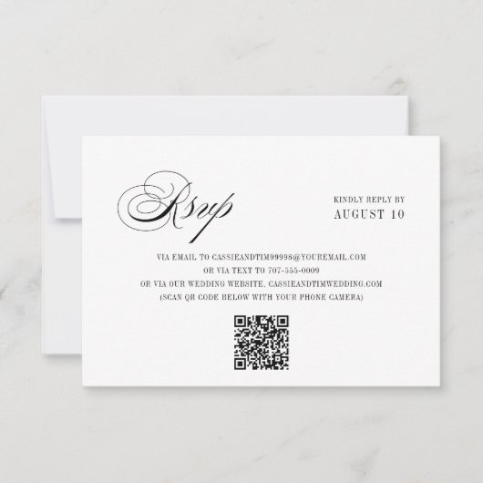 Chic Zwart Wit Romantisch Script QR Code Huwelijk RSVP Kaartje (Voorkant)