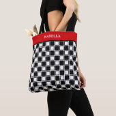 Chic zwart wit schaakpatroon en rode band tote bag (Dichtbij)