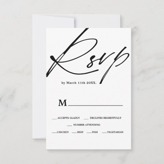 Chic zwart wit script kalligrafie rsvp bruiloft kaartje (Voorkant)