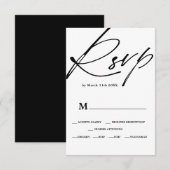 Chic zwart wit script kalligrafie rsvp bruiloft kaartje (Voorkant / Achterkant)