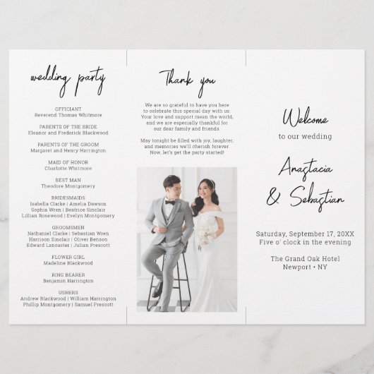 Chic Zwart & Wit Script Trifold Wedding Programma Flyer (Voorkant)