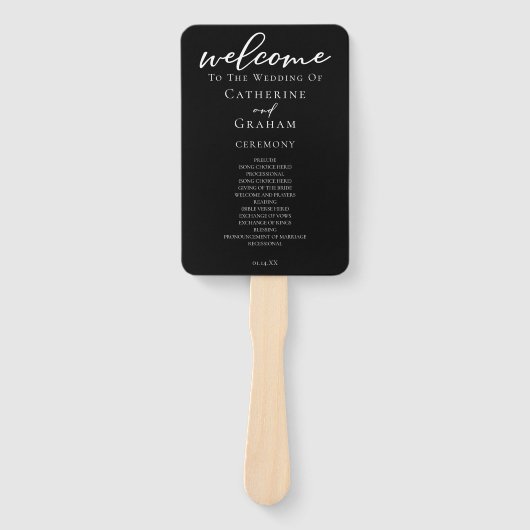Chic Zwart Wit Script Trouwprogramma Handwaaier (Voorkant)