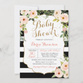 Chic Zwart Wit Streep & Blush Bloemen Baby shower Kaart (Voorkant)
