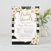 Chic Zwart Wit Streep & Blush Bloemen Baby shower Kaart (Staand voorkant)