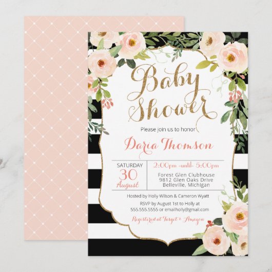 Chic Zwart Wit Streep & Blush Bloemen Baby shower Kaart (Voorkant / Achterkant)