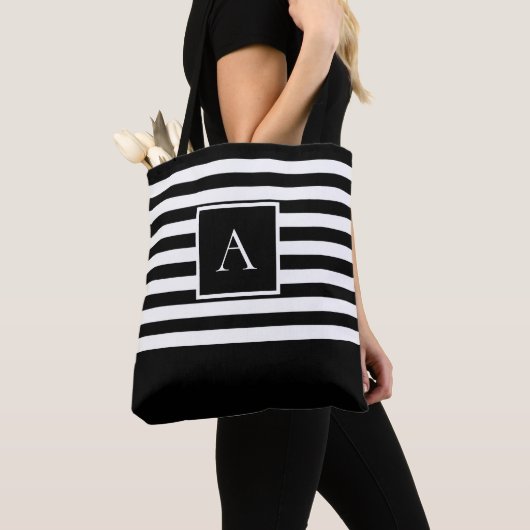 CHIC ZWART WIT STREEP Vierkante letter Monogram Tote Bag (Dichtbij)