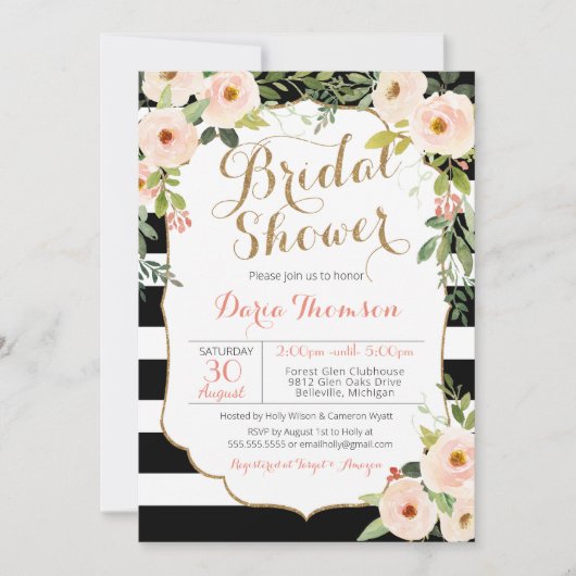Chic Zwart Wit Stripe Blush Bloemen Vrijgezellenfe Kaart (Voorkant)