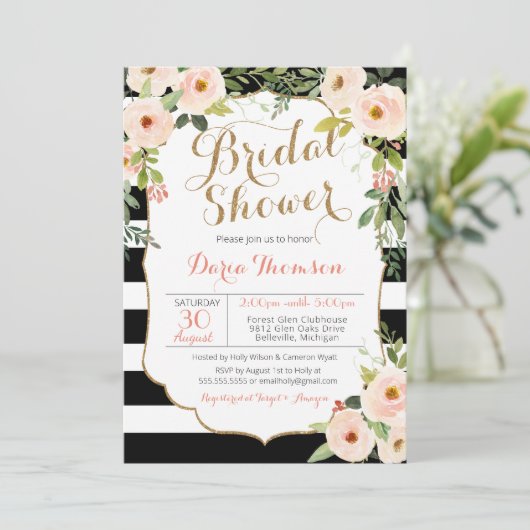 Chic Zwart Wit Stripe Blush Bloemen Vrijgezellenfe Kaart (Staand voorkant)