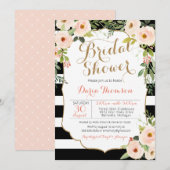 Chic Zwart Wit Stripe Blush Bloemen Vrijgezellenfe Kaart (Voorkant / Achterkant)